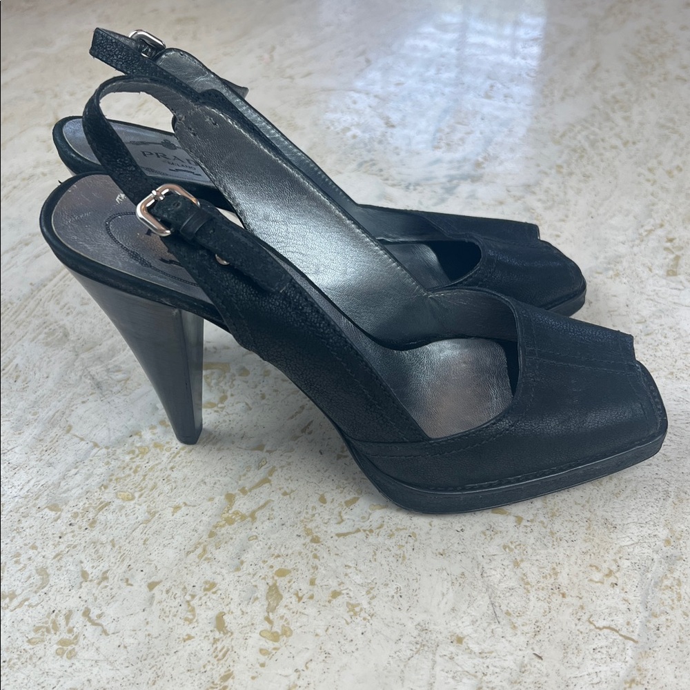 PRADA 2000’s peep toe slingback Black Leather Cone Heel Size 38 (US 7.5–8)
